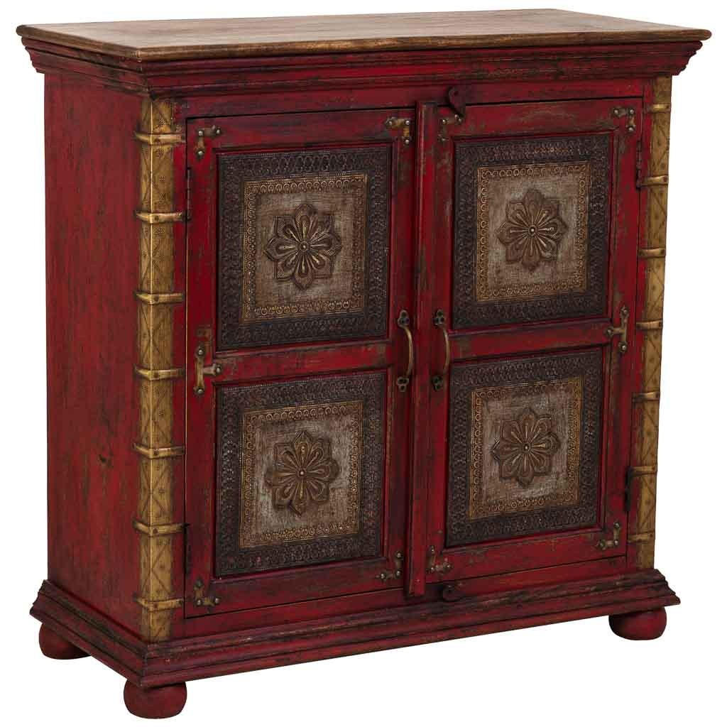 HANDGEFERTIGTES Sideboard aus geschnitztem Holz 90x40x90 cm - Rot, Holz (90/90/40cm) - Wanderlust