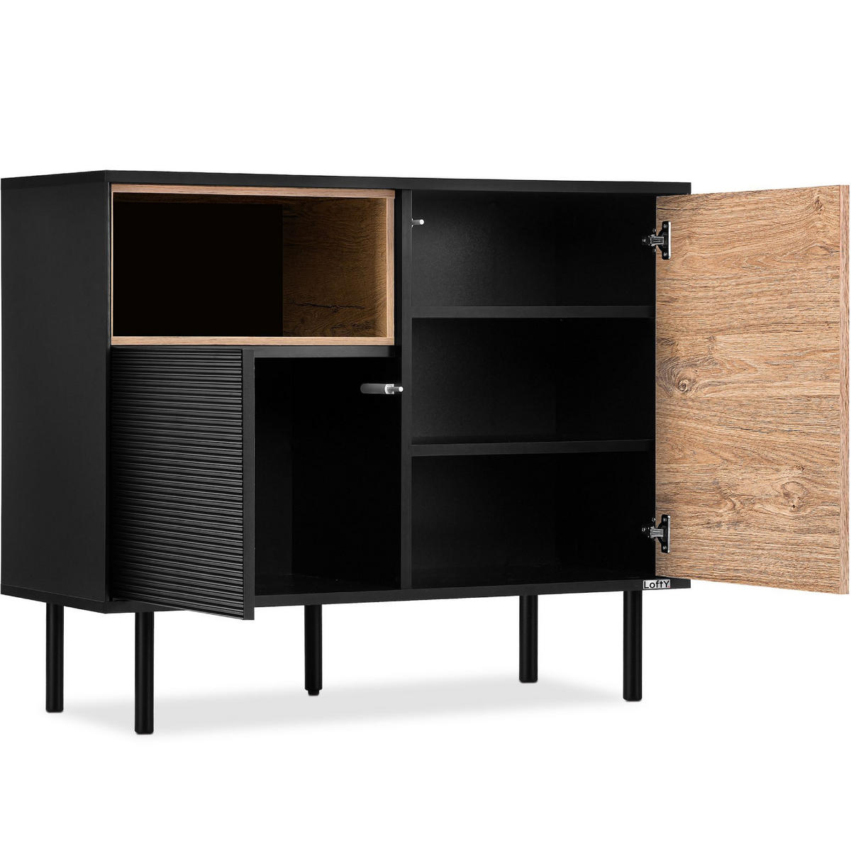 KOMMODE LOFTY Außenseiteneinlage, schwarz / Eiche natur - Eichefarben/Multicolor, Holzwerkstoff (102/83/41cm) - KONSIMO®