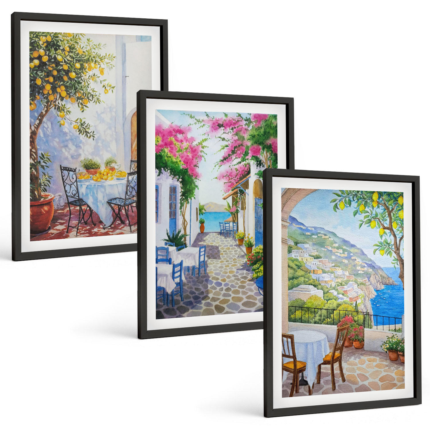 BILDER SET 3er Set - 40x60 cm Schwarzer Rahmen - Charmante Straßen, Pflanzen, Meer - Schwarz, Kunststoff (40/60cm) - TULUP