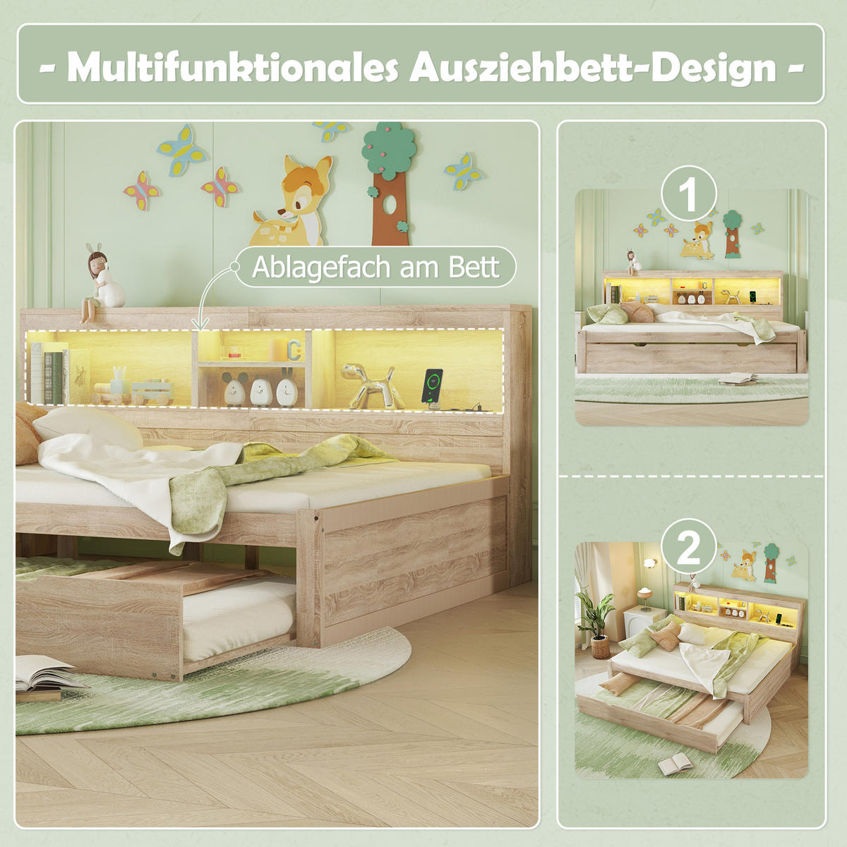 POLSTERBETT 140/200 cm Natur mit Polsterbett, LED-Beleuchtung und USB - Naturfarben, Holzwerkstoff (140/200cm) - Flora Grace
