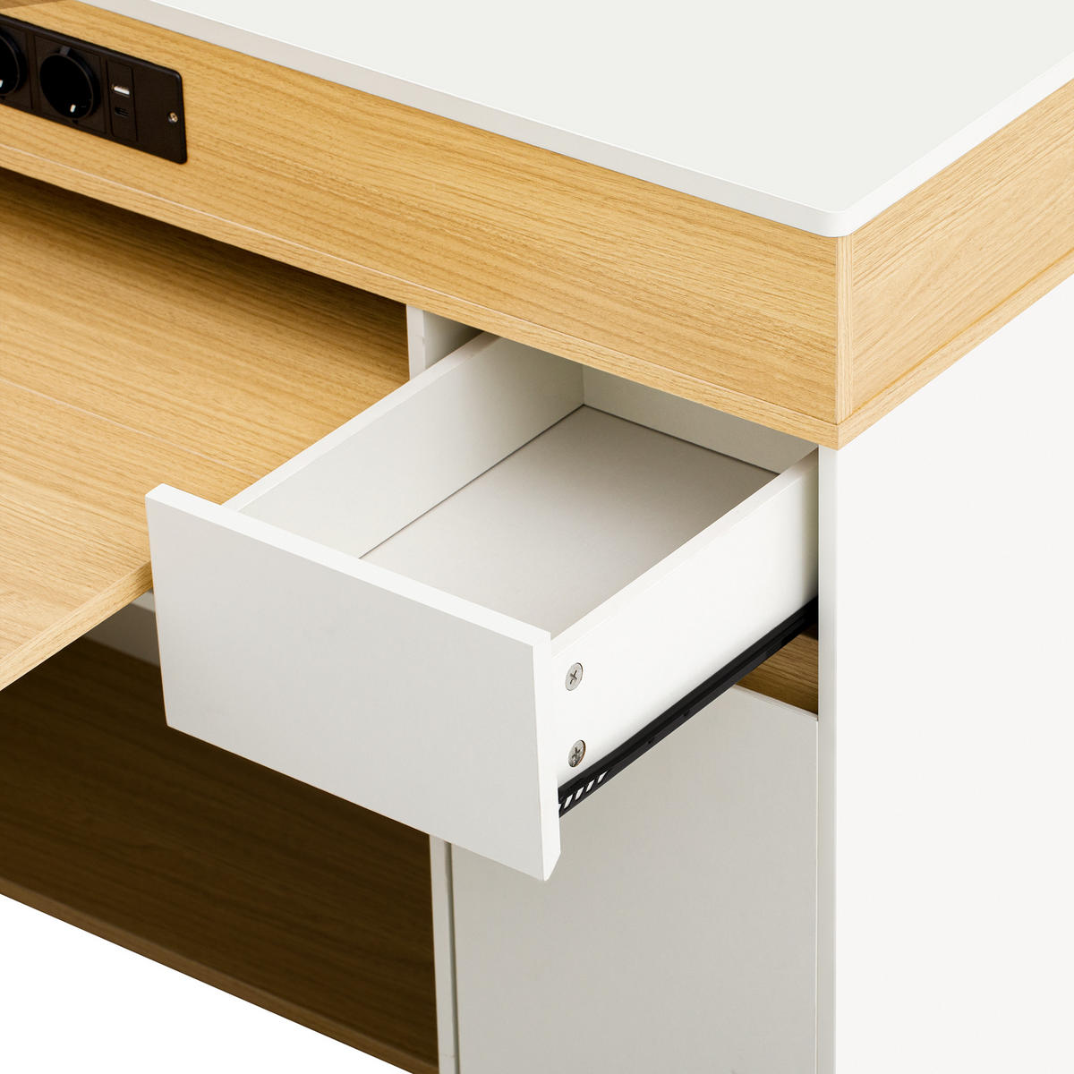 KÜCHENINSEL aus MDF 50.5-187.5x110.5x95.5 cm Weiß/Natur mit ausziehbarer Tischplatte & Steckdosen - Weiß, Holzwerkstoff (187.5/95.5/110.5cm) - Modfu