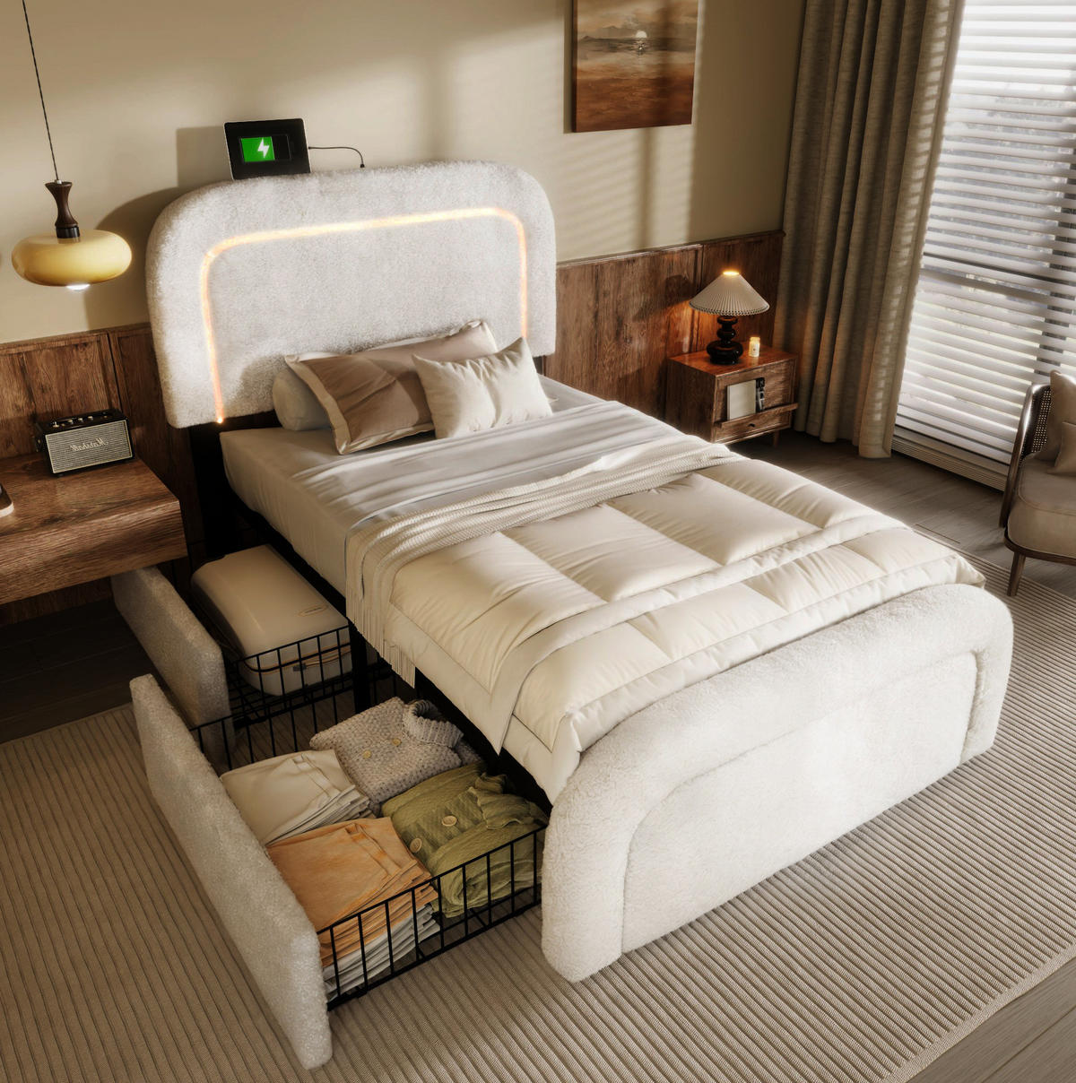 POLSTERBETT 90/200 cm Weiß aus Sherpa mit LED und USB-C - Weiß, Textil (90/200cm) - OKMYHOME