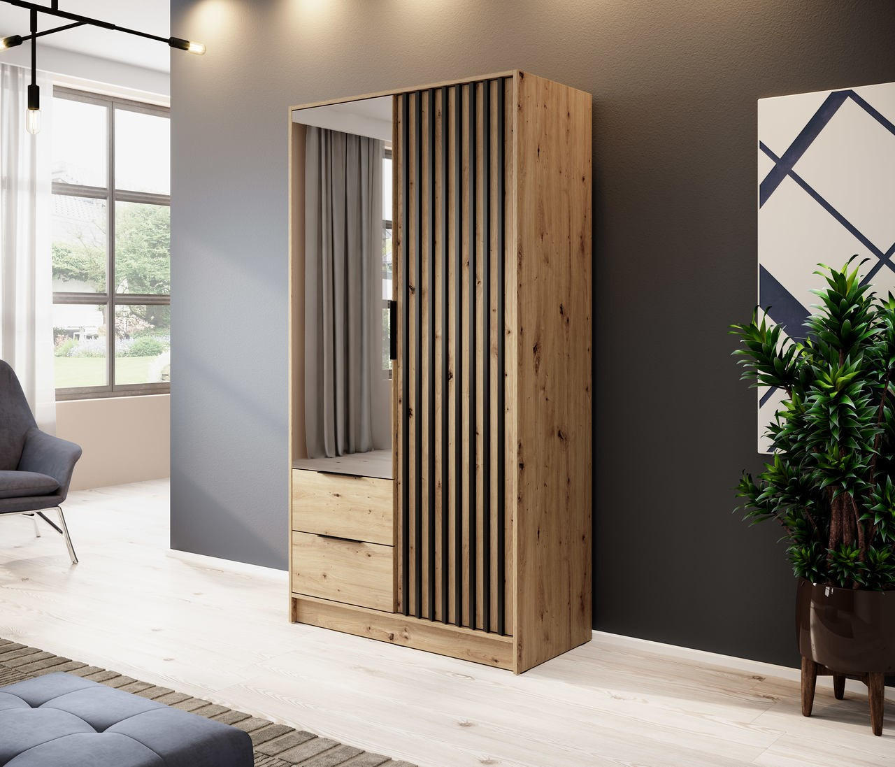 KLEIDERSCHRANK Nelly Artisan Eiche, Schwarz Lamellen, Schrank Zweitürige, Garderobe mit Spiegel - Eiche Artisan, Holzwerkstoff (105/200/51cm) - Bettso