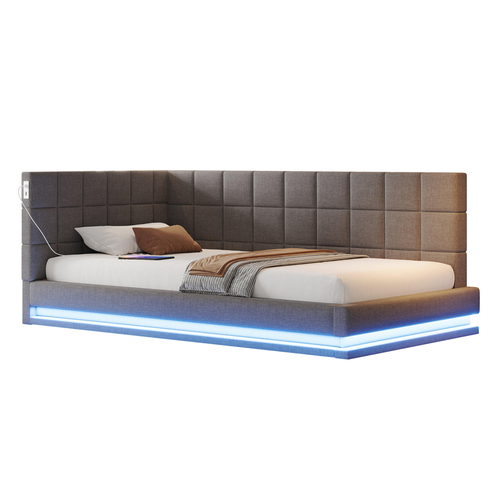 POLSTERBETT 90/200 cm mit LED-Beleuchtung & USB-Steckdose aus Leinen Grau - Grau, Textil (90/200cm) - OKWISH