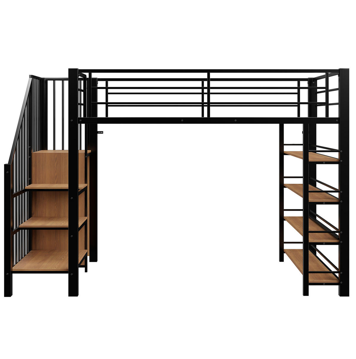 HOCHBETT aus Metall und MDF 90x200 cm Schwarz mit Treppe, Stauraum, Kleiderschrank und hohem Schutzgitter - Schwarz, Metall (140/200cm) - Modfu