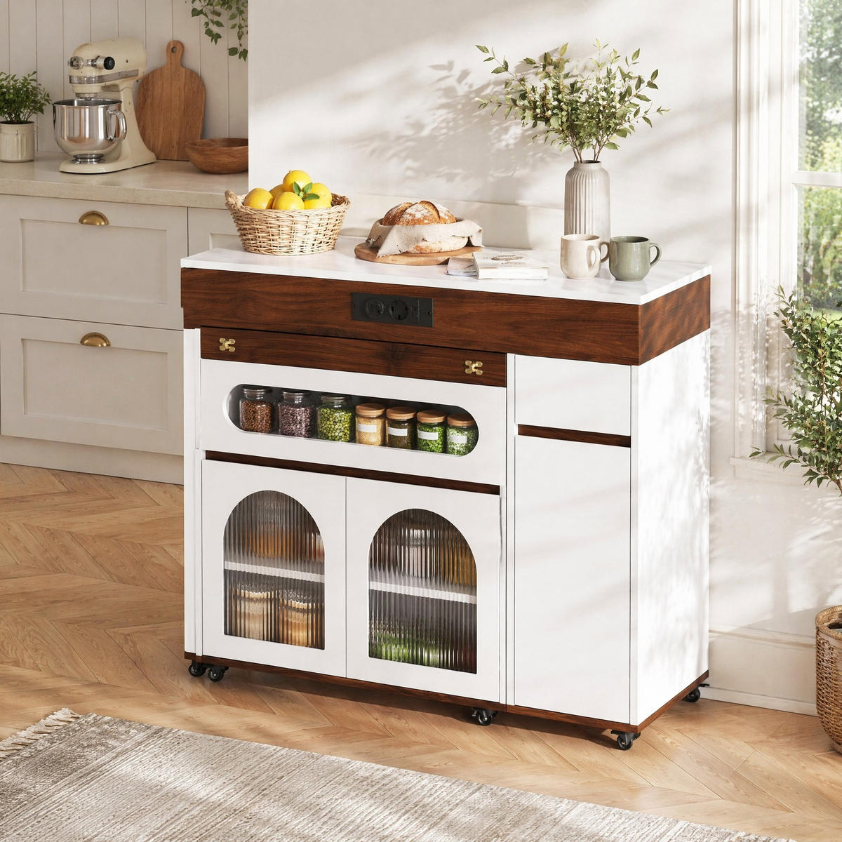 SERVIERWAGEN in Weiß und Walnussfarben Servierwagen mit Schublade für Küche und Esszimmer, B110.5/T50.5/H95.5 cm - Weiß, Glas/Holzwerkstoff (110.5/95.5/50.5cm) - STILVORA