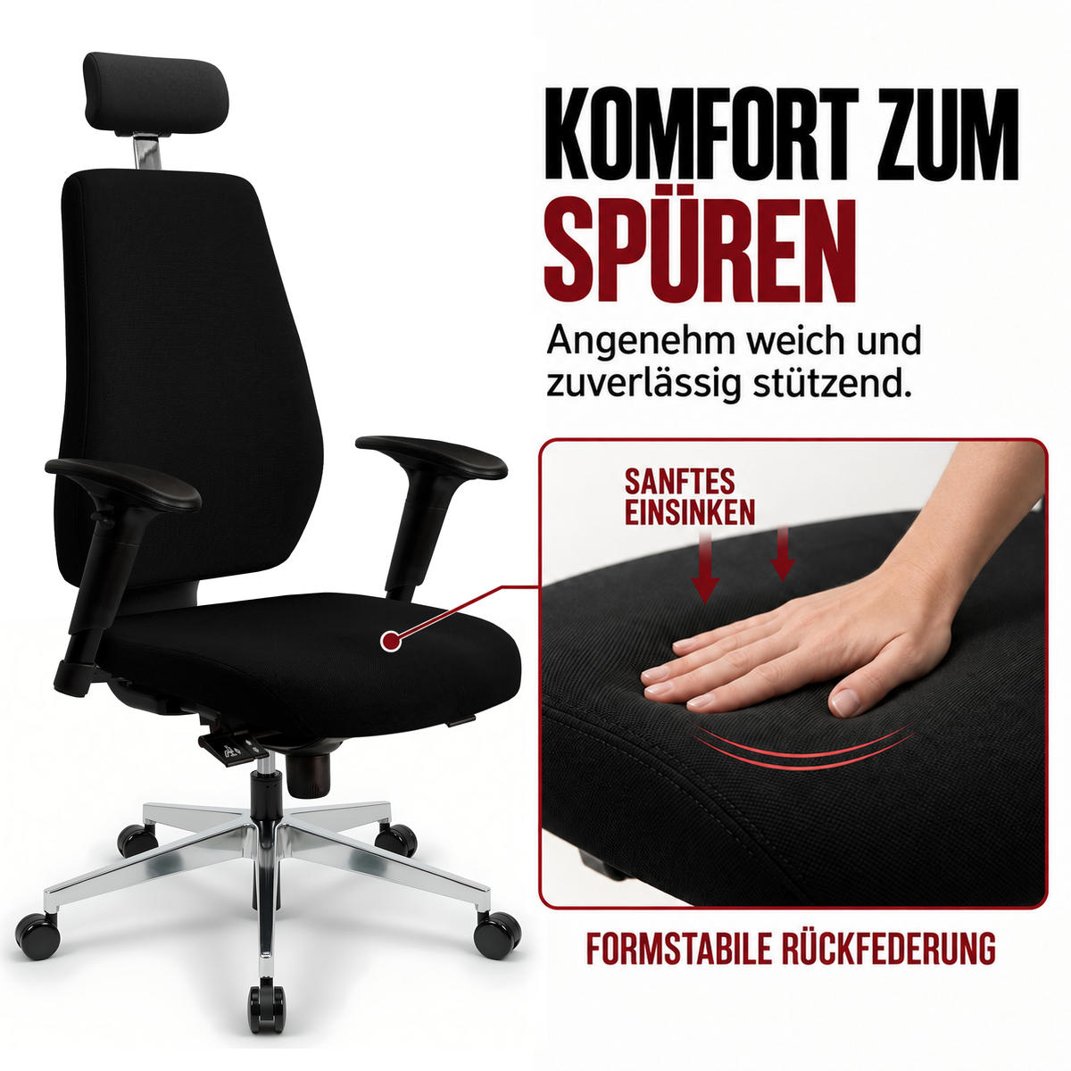 CHEFSESSEL V1404 Stoff Schwarz - ergonomisch, 150 kg belastbar, Sitzhöhe 44-57cm - Schwarz, Kunststoff/Textil (65/131/64cm) - Versee