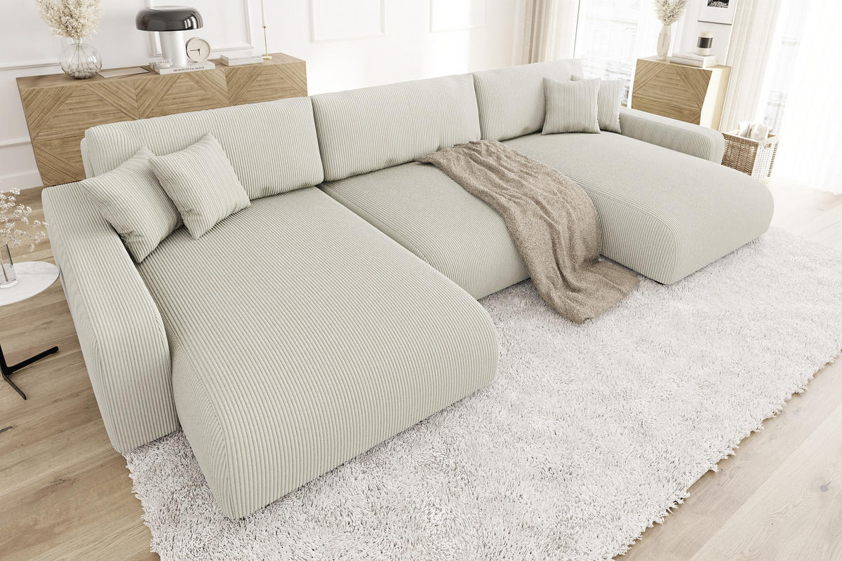 WOHNLANDSCHAFT Emma Beige Cord - Beige/Schwarz, Holz/Kunststoff (332/170cm) - S-Style Möbel