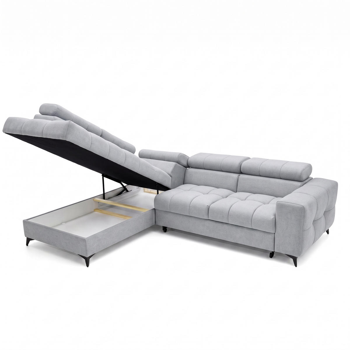 ECKSOFA PUDDING L Links mit Schlaffunktion 125x195 Velours Hellgrau - Hellgrau/Schwarz, Holz/Textil (203/275cm) - Muffo