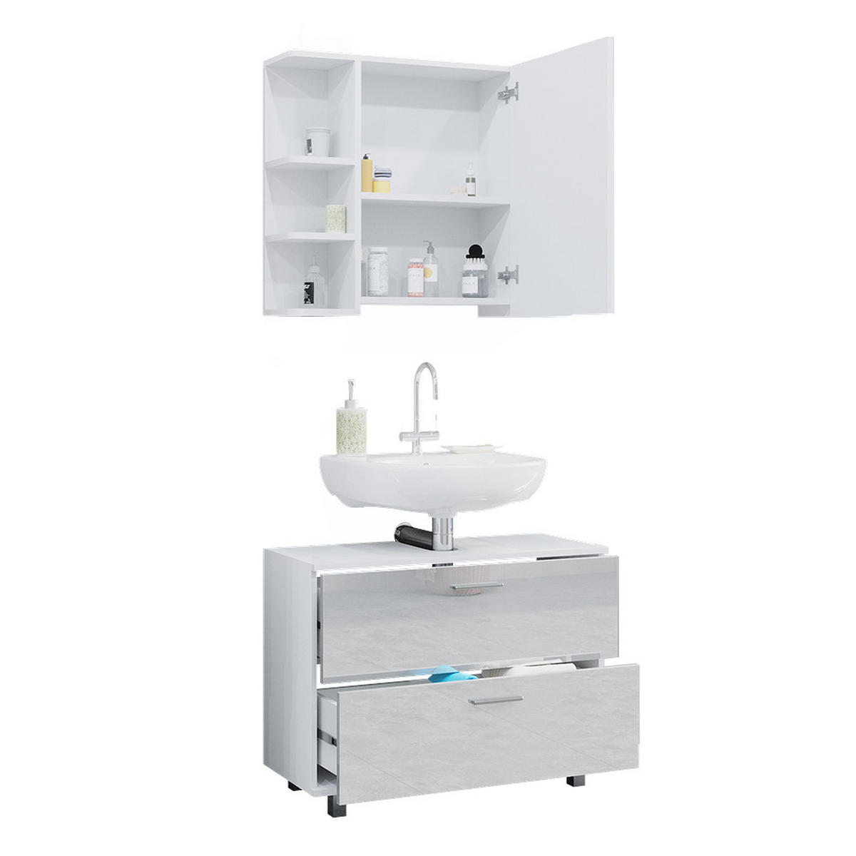 BADMÖBEL-SET Ilias Weiß Hochglanz 2 Teile, Unterschrank 80 cm - Weiß Hochglanz, Holzwerkstoff (80.2/60.8/33cm) - Vicco