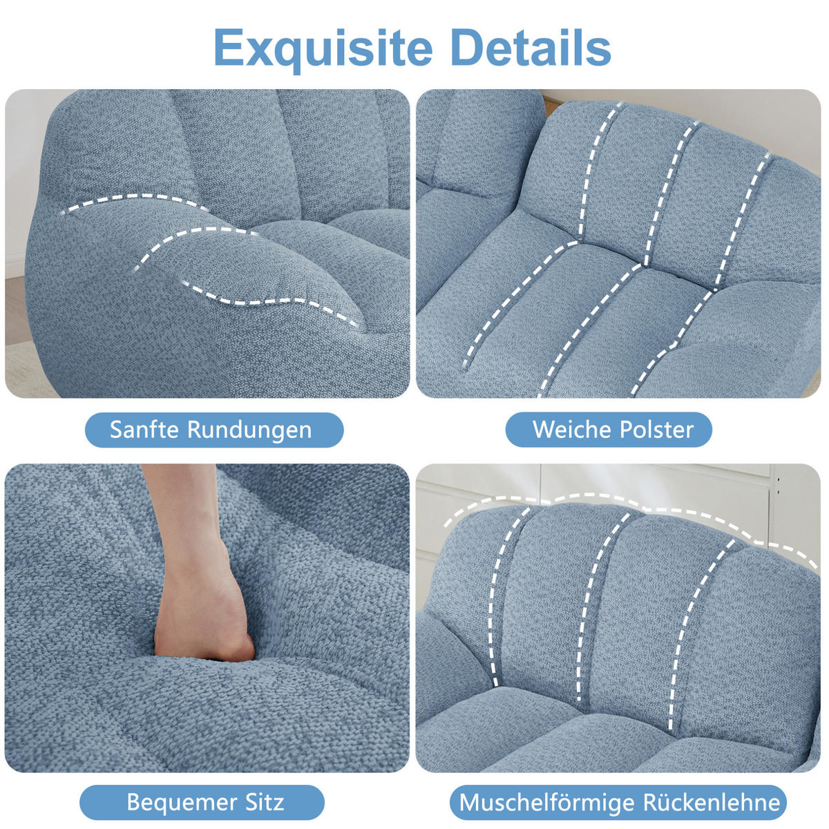 SOFA 210/104/79 cm in Blau aus Granulierter Fleece, ohne Aufbau - Blau, Textil (104/79/210cm) - Flora Grace