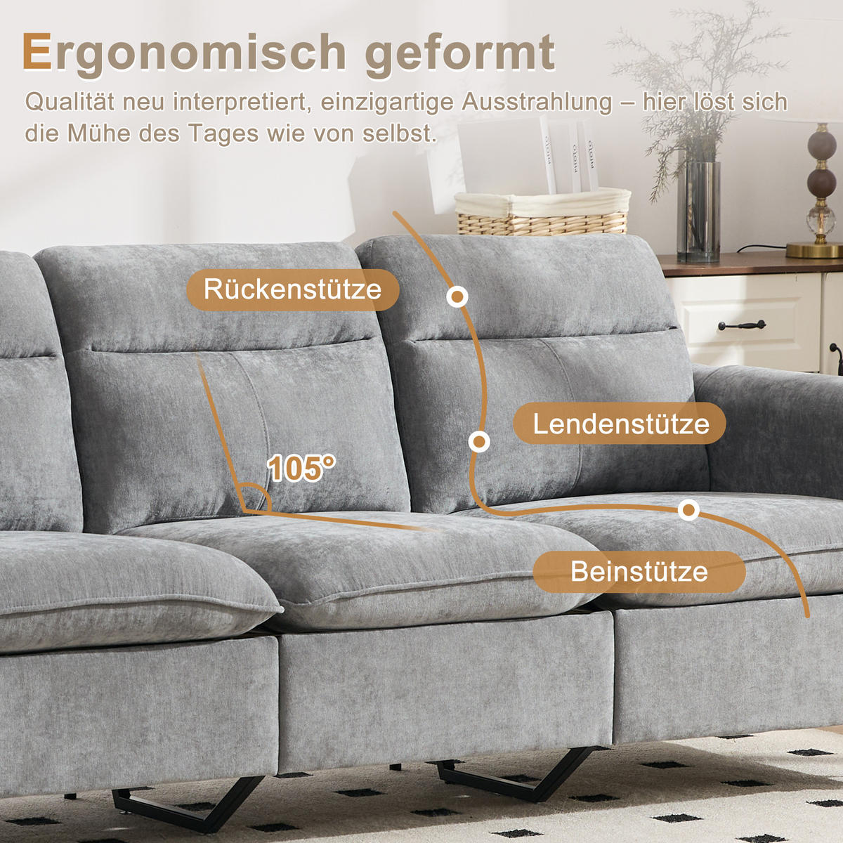 ECKSOFA 201/110/86 cm Hellgrau mit Aufbewahrungshocker und Seitentaschen - Hellgrau/Grau, Holz/Textil (201/110cm) - Oxeza