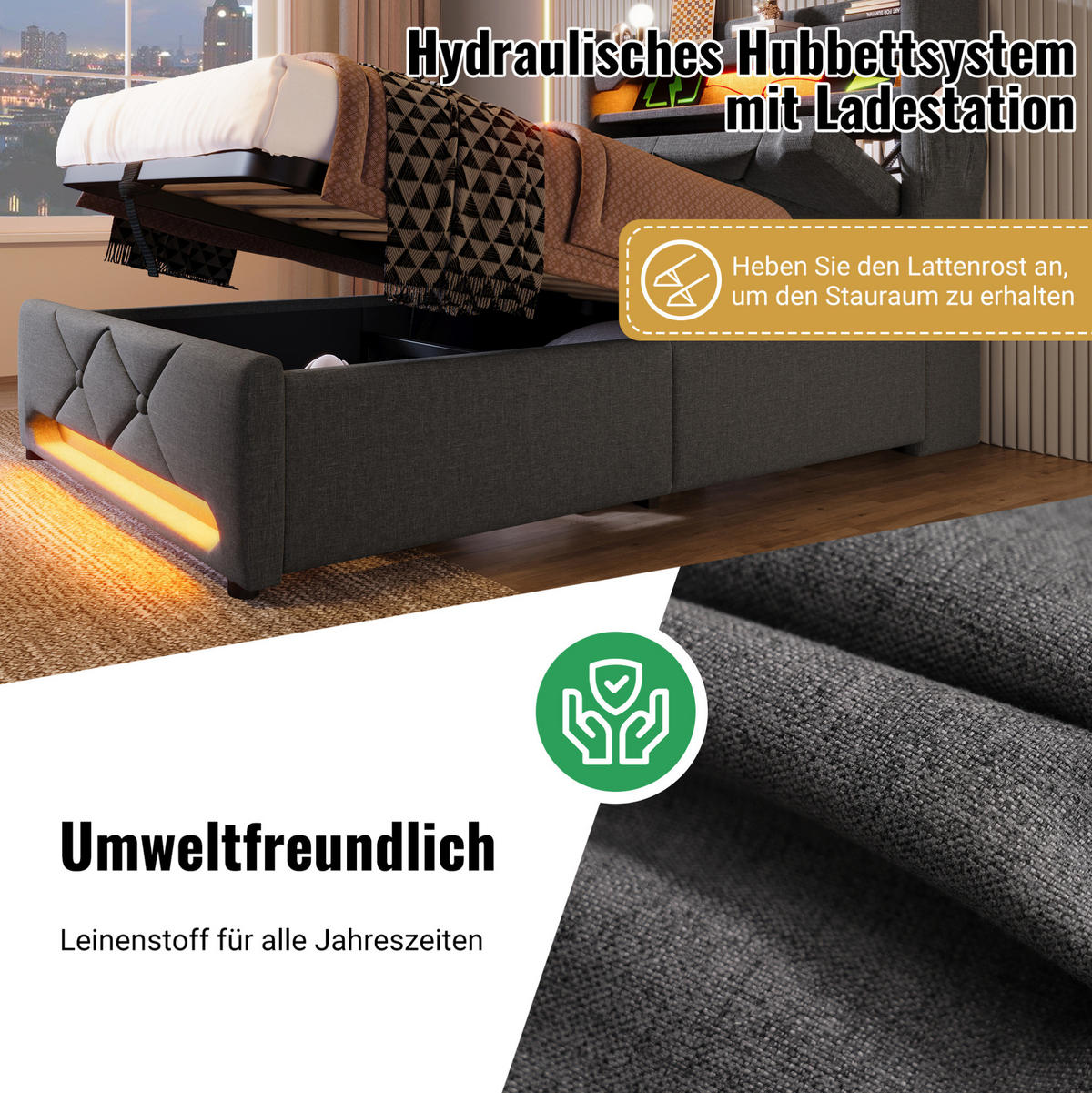 POLSTERBETT aus Leinen 90x200 cm Grau mit 360°-LED, USB-C-Anschluss und hydraulischem Stauraum - Grau, Textil (90/200cm) - IVMEU