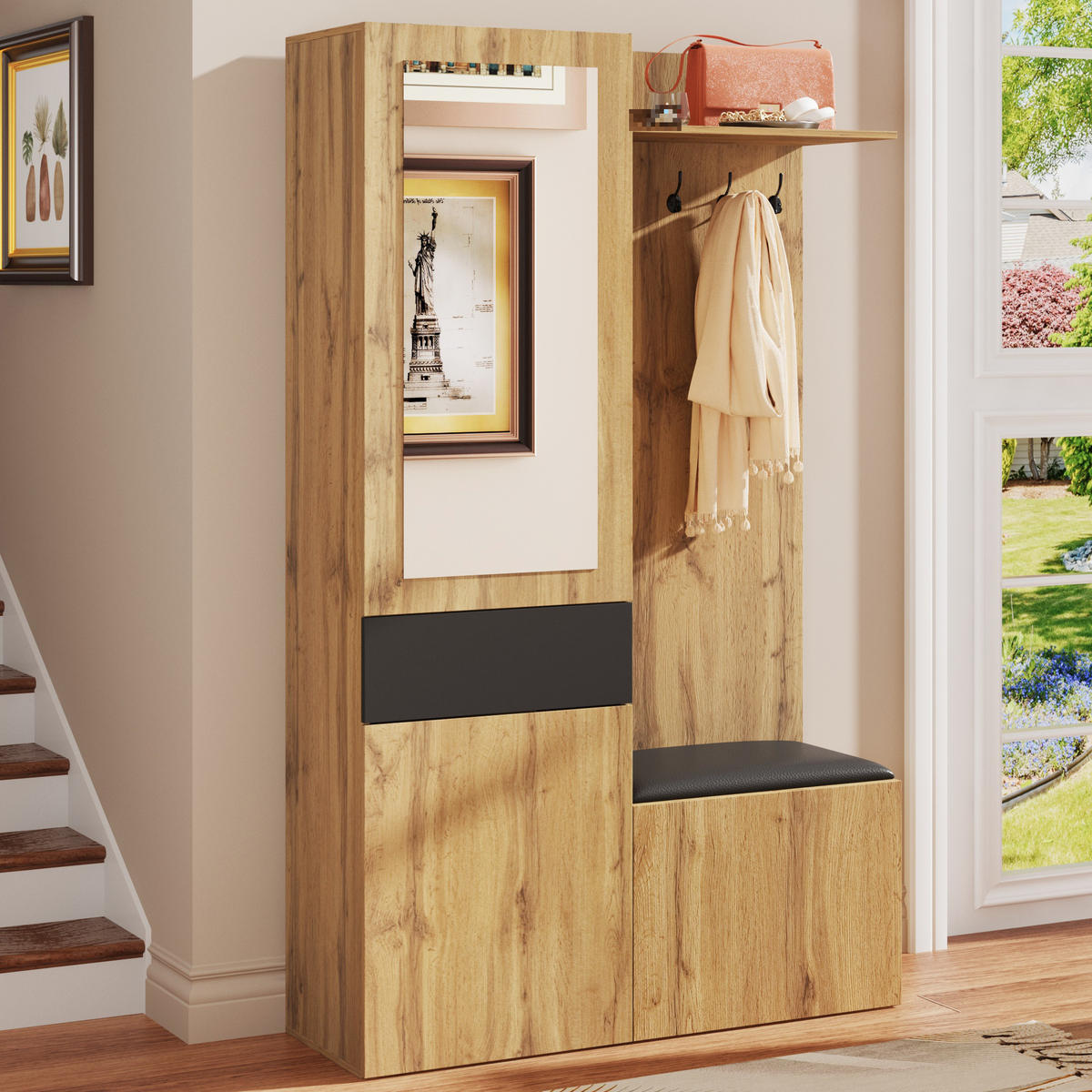 GARDEROBENSET Spiegel Haken Schuhbank - Naturfarben, Holz (98.5/191/38cm) - Fortuna Lai
