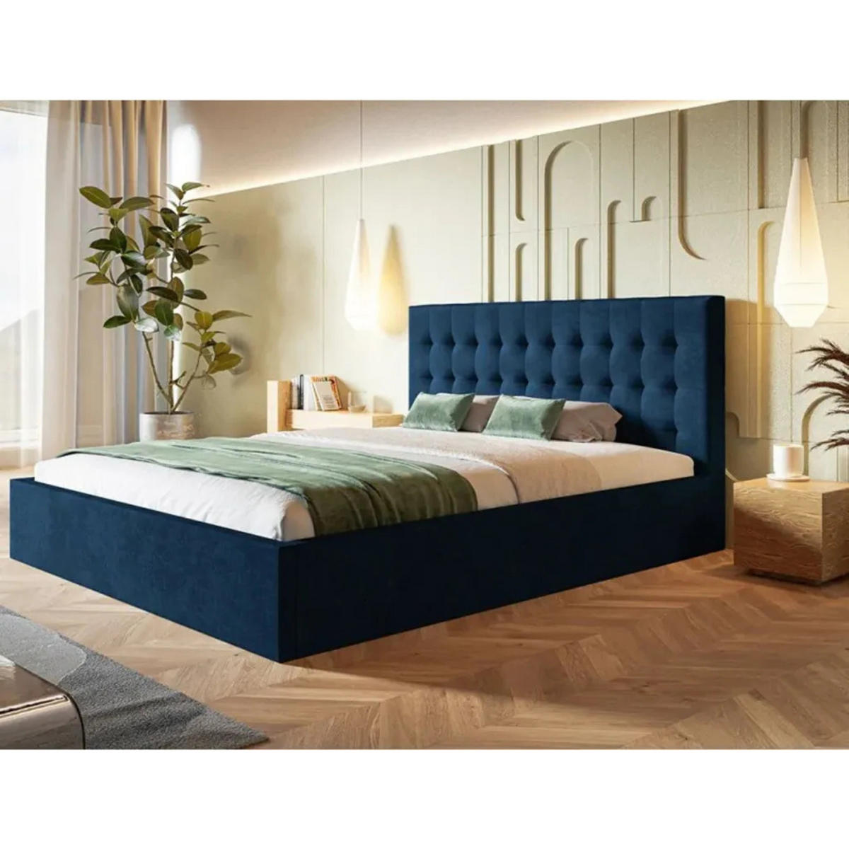 POLSTERBETT SIM 2 mit Kopfteil, 160 x 200 cm mit Bettkasten und Lattenrost aus Holz, Velourstoff, Farbe: Blau - Blau, Holz/Kunststoff (160/200cm) - Sepro Meble