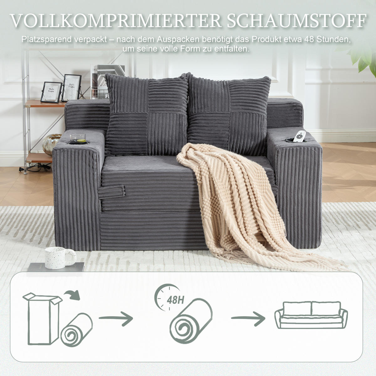 1,5-SITZER ausklappbar, Getränkehalter/Seitentasche, Cord, Grau - Grau, Textil (133/64/87cm) - LVHOM