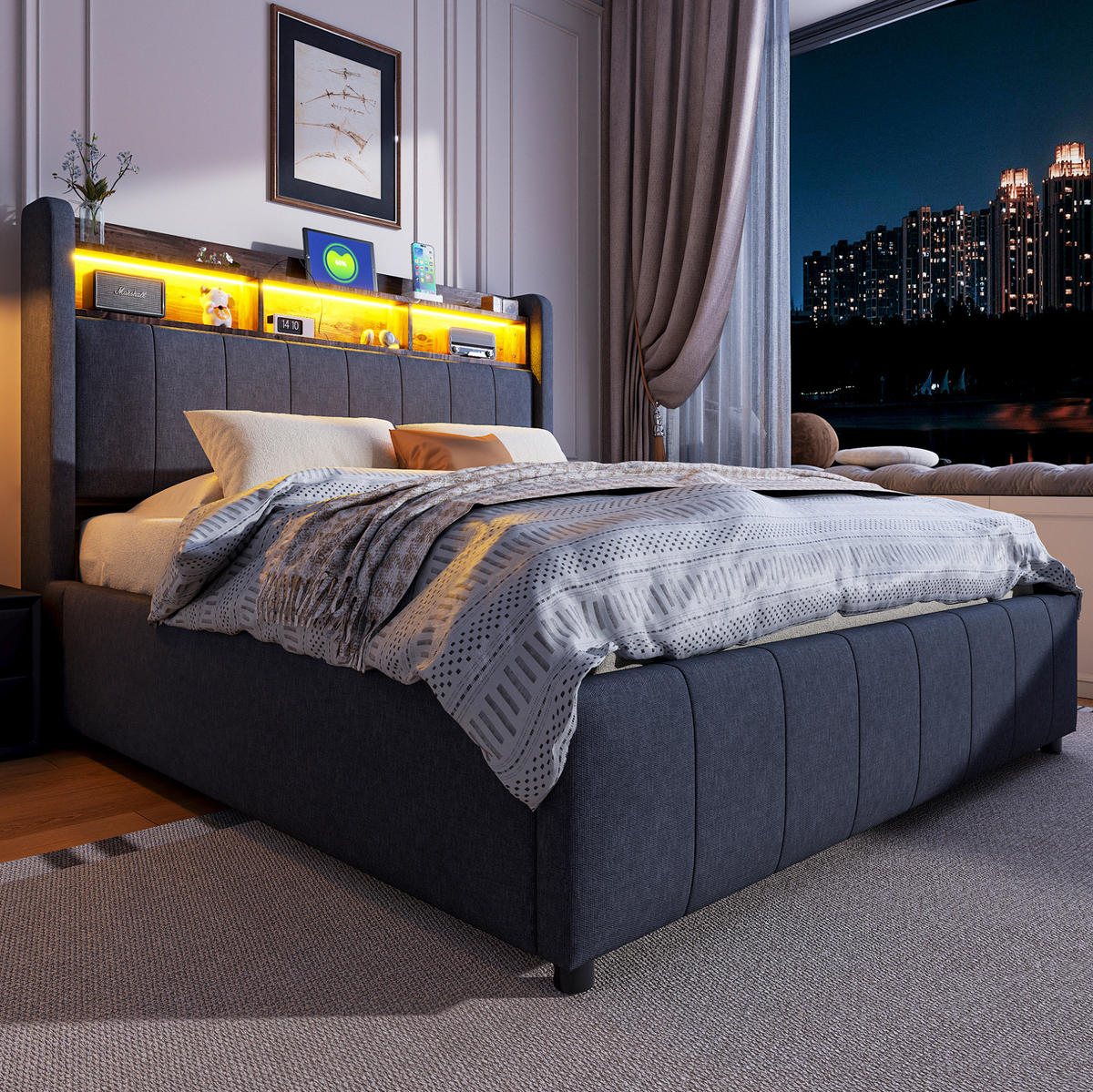 POLSTERBETT 140/200 cm mit Bettkasten, LED-Beleuchtung und USB in Grau - Grau, Textil (140/200cm) - BEAOK