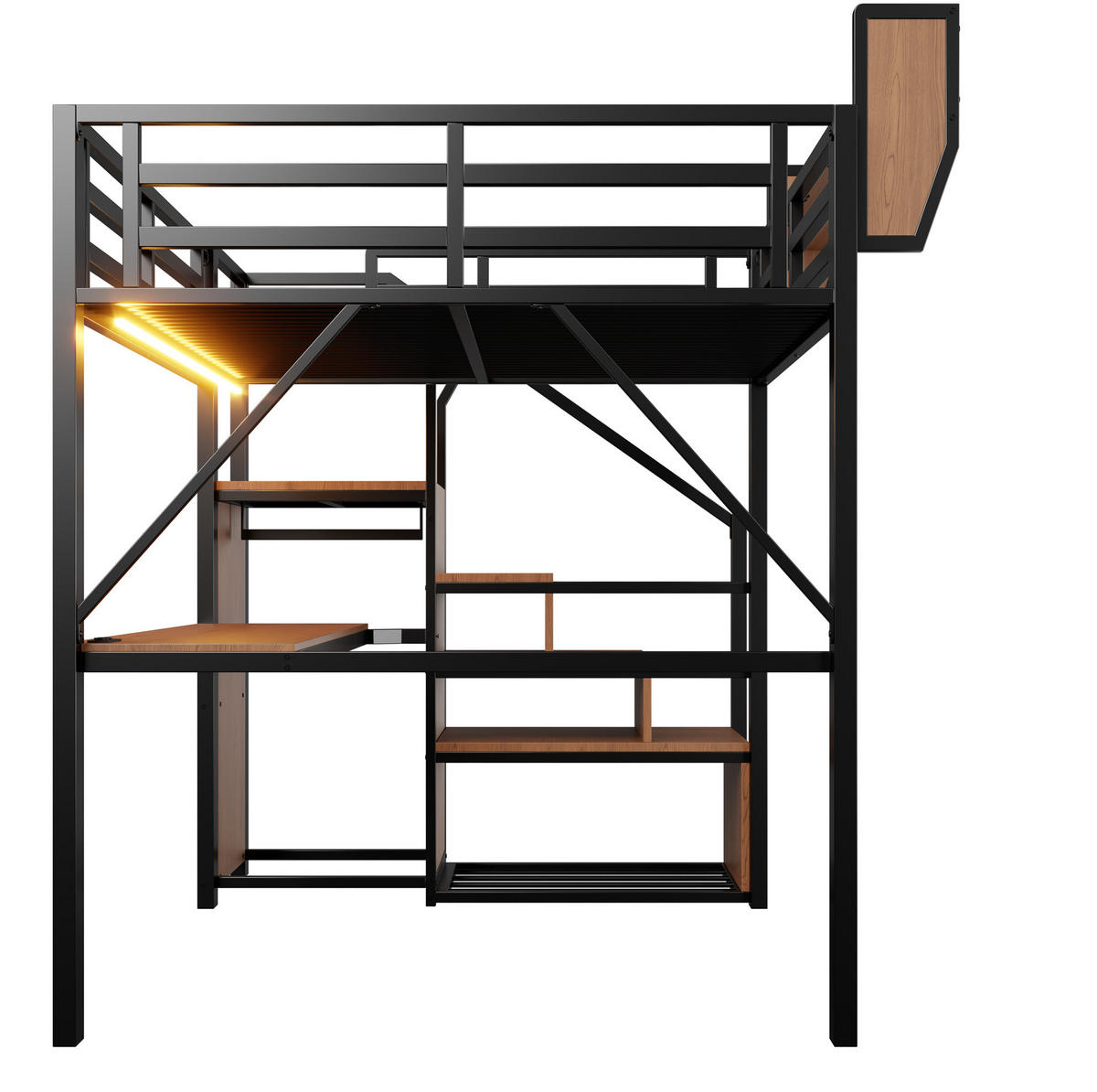 HOCHBETT 140/200 cm in Schwarz mit LED-Beleuchtung, Schreibtisch und Stauraum - Schwarz, Metall (140/200cm) - Flora Grace