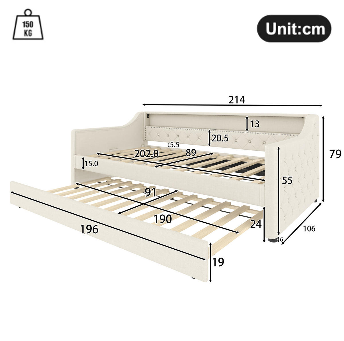 DNEVNA postelja iz lanu in MDF 90x200 cm bež z LED osvetlitvijo, USB priključkom in izvlečnim ležiščem - bež, tekstil (90/200cm) - Modfu