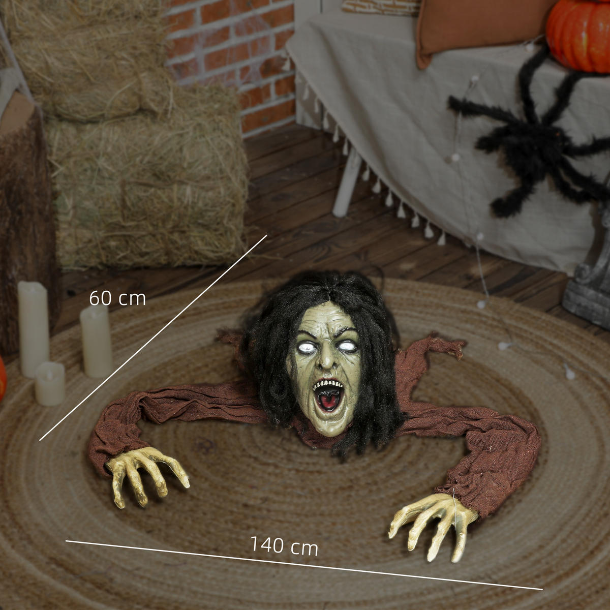 HALLOWEEN-DEKORATION kriechender Zombie 140 cm mit LED-Augen, Soundfunktion - Braun, Textil (60/20/140cm) - Outsunny