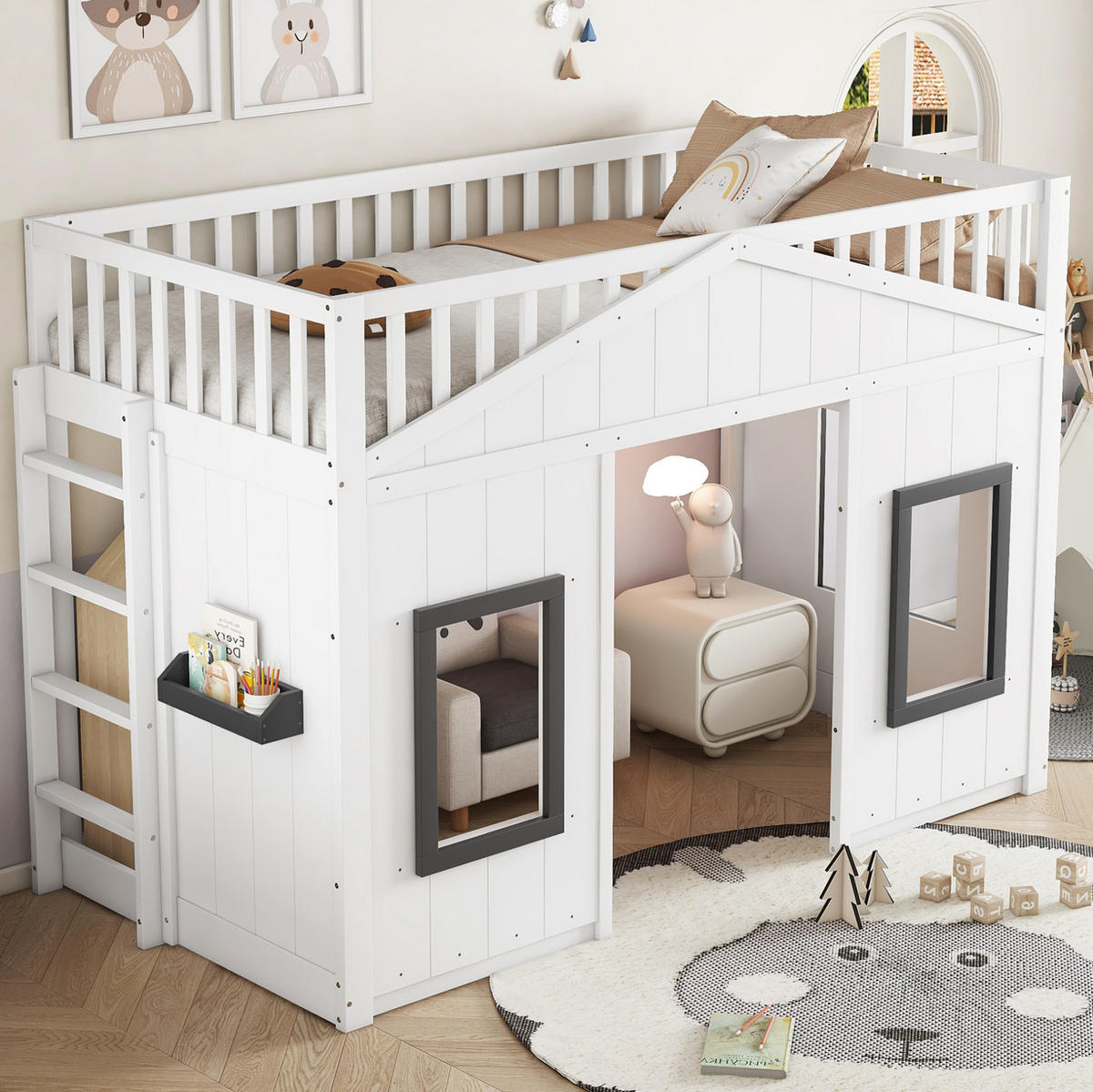 HOCHBETT 90/200 cm in Weiß mit Treppe, Fallschutz und Fensterdesign - Weiß, Holzwerkstoff (90/200cm) - Flora Grace