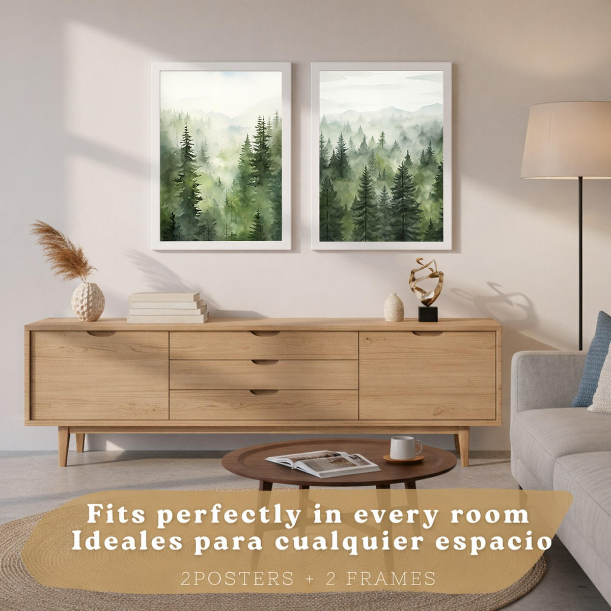 PLAKAT Sada 2 dekorativních tisků Nordic Forest Landscape Moderní obývák Obrázky - Zelené dekorativní plakáty Dekorace Obývací pokoj A3 Bílý rám - bílá, papír (29.7/42/3cm) - Nacnic