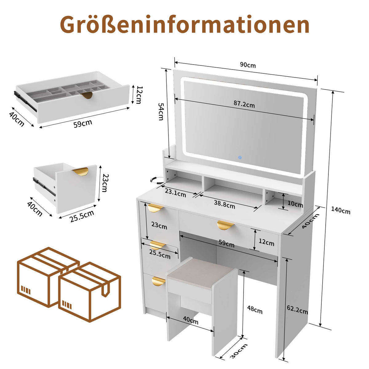 SCHMINKTISCH LED USB 4 Schubladen Hocker weiß - Weiß, Holz (40/140/90cm) - Fortuna Lai