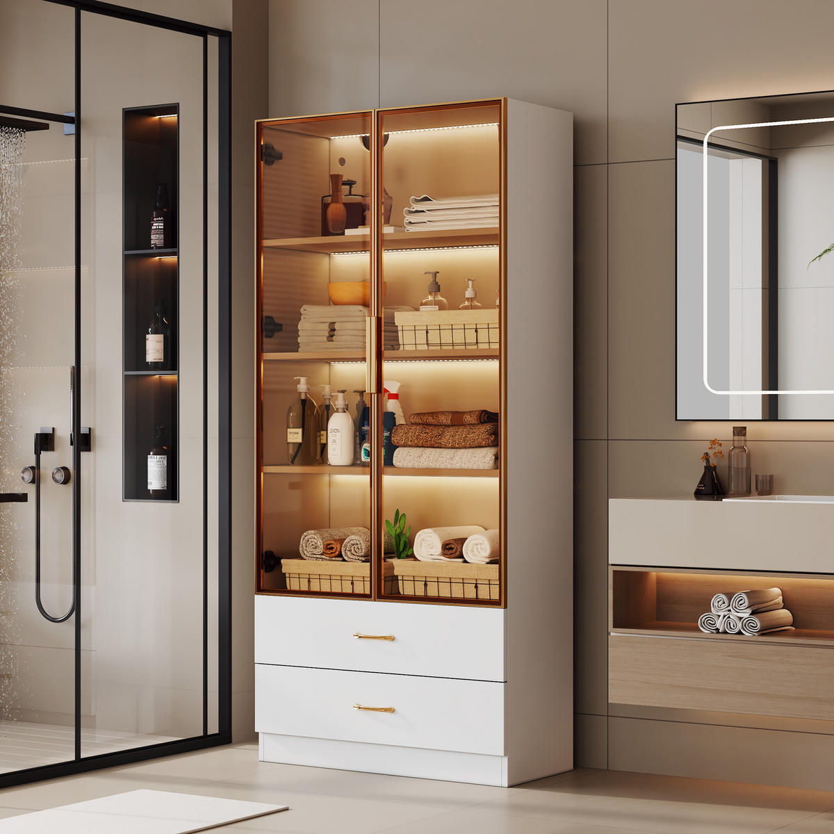 BADSCHRANK in Weiß Highboard mit LED-Lichtleiste Glastür 2 große Schubladen 2 Türen , B75/T34.5/H170cm - Weiß, Glas/Holzwerkstoff (75/170/34.5cm) - STILVORA