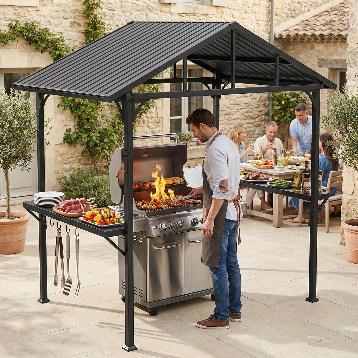 GRILLPAVILLON mit Ablage und Haken Dunkelgrau - Schwarz, Metall (156/248/252cm) - Outsunny