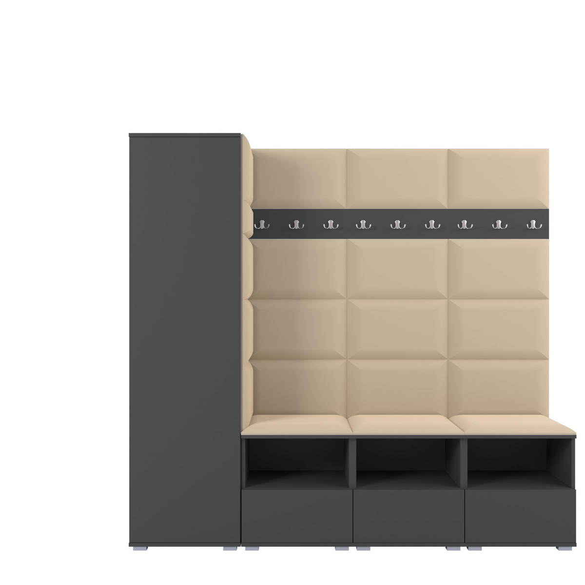 GARDEROBE NELA IX 200 cm (Modulare Flurmöbel Graphit mit Sitzpolster Beige 04 Breite Sitzbank) - Beige/Silberfarben, Holz/Holzwerkstoff (200/187/40cm) - Ravio