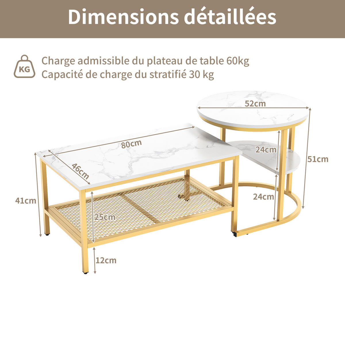 COUCHTISCH 2er Set rund schiebbar Beistelltisch Metall gold - Goldfarben, Holz (46/80/41cm) - LEBENLANG
