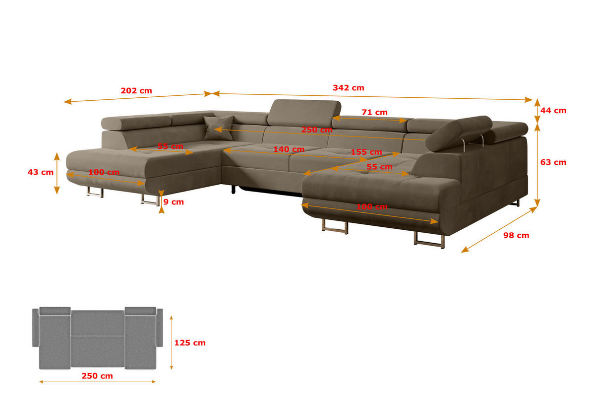 WOHNLANDSCHAFT mit Schlaffunktion und Bettkasten GUSA-U 342x202x107 cm Braun Velours - Silberfarben/Braun, Holzwerkstoff/Textil (342/107/202cm) - ALTDECOR