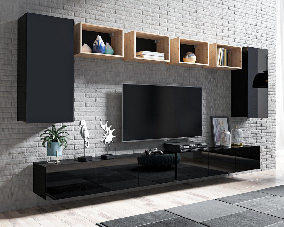WOHNWAND Kossana 35 Modern Goldene Eiche/Schwarz 300/154/43 cm Wohnwand Set - Schwarz, Holzwerkstoff/Kunststoff (300/158/43cm) - AX Living