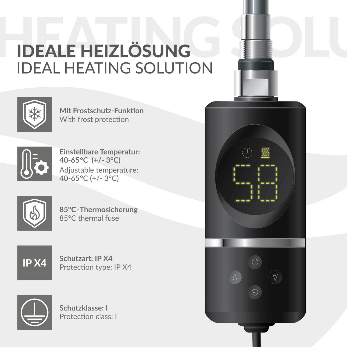 HEIZSTAB 600W Schwarz für Badheizkörper mit Thermostat und Digitalanzeige - Chromfarben, Metall - LuxeBath