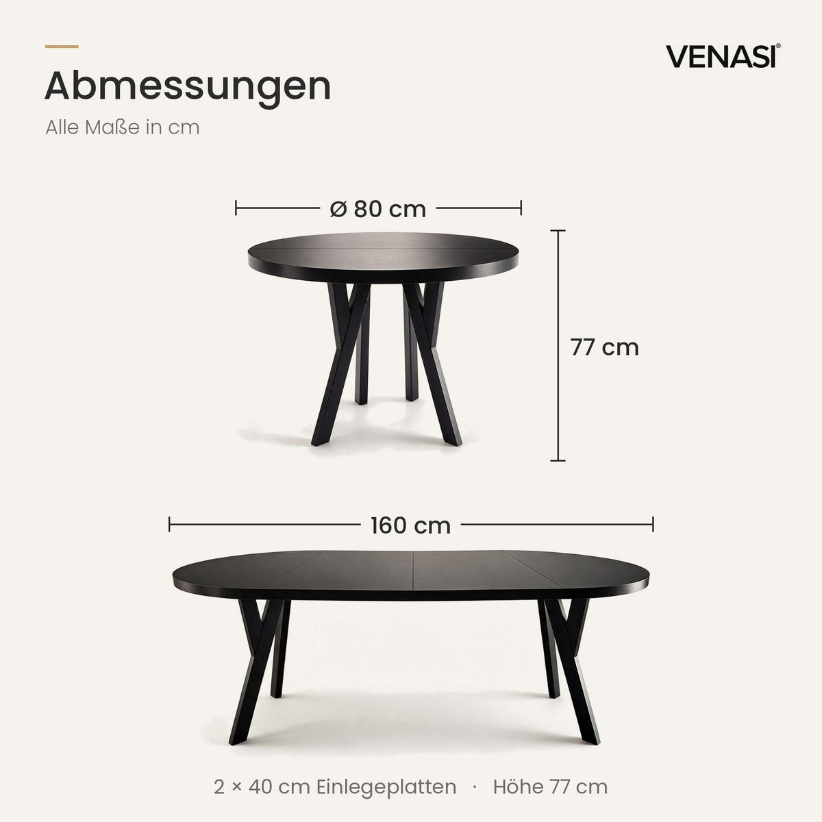 ESSTISCH ausziehbar rund 80-160 cm ATO Schwarz, Auszugstisch mit Einlegeplatte - Schwarz, Holzwerkstoff (80/80/77cm) - VENASI MÖBEL