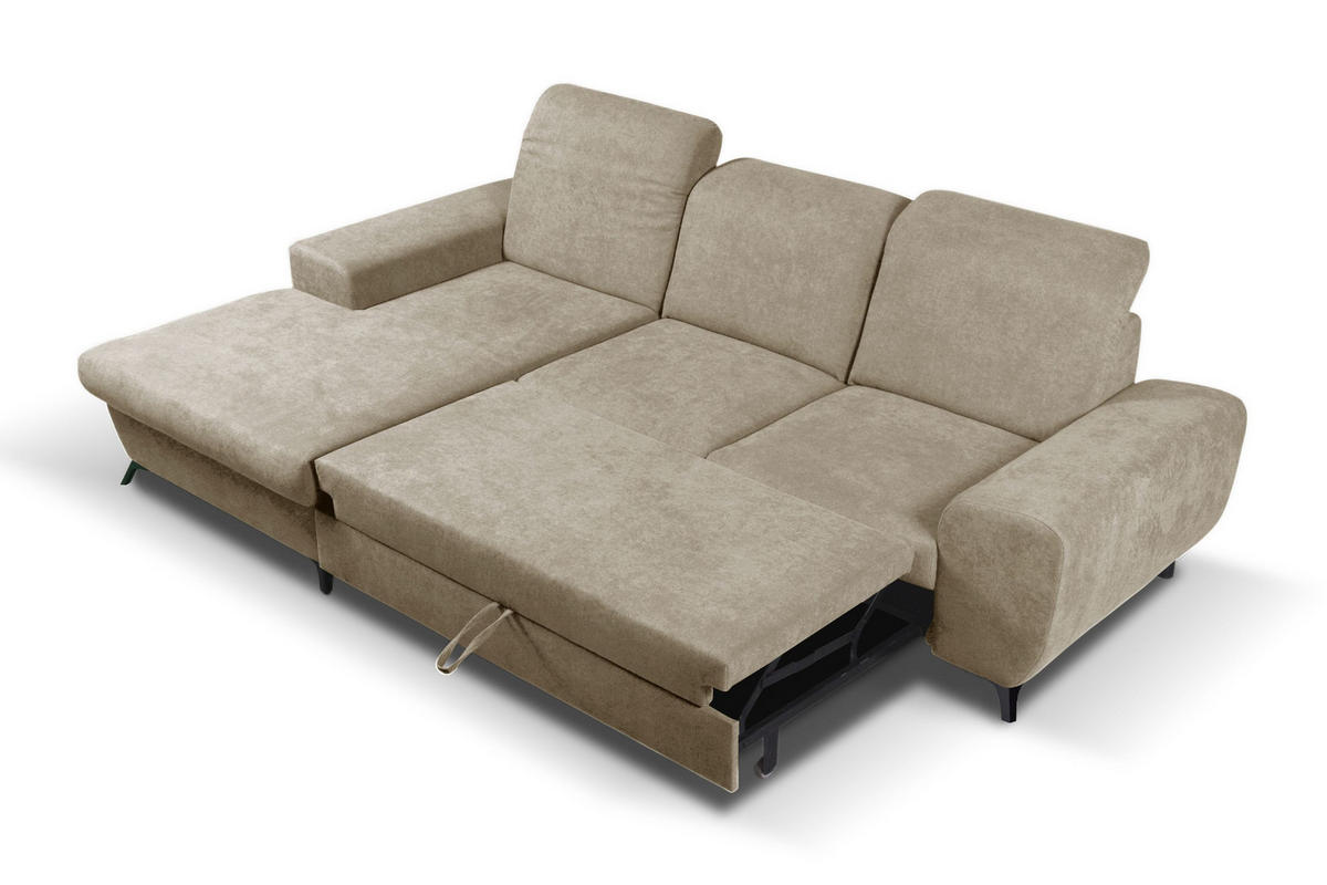 ECKSOFA LUCE L-S Beige Plüsch-Stoff mit Schlaffunktion - Beige, Holz (279/172cm) - MASSENO