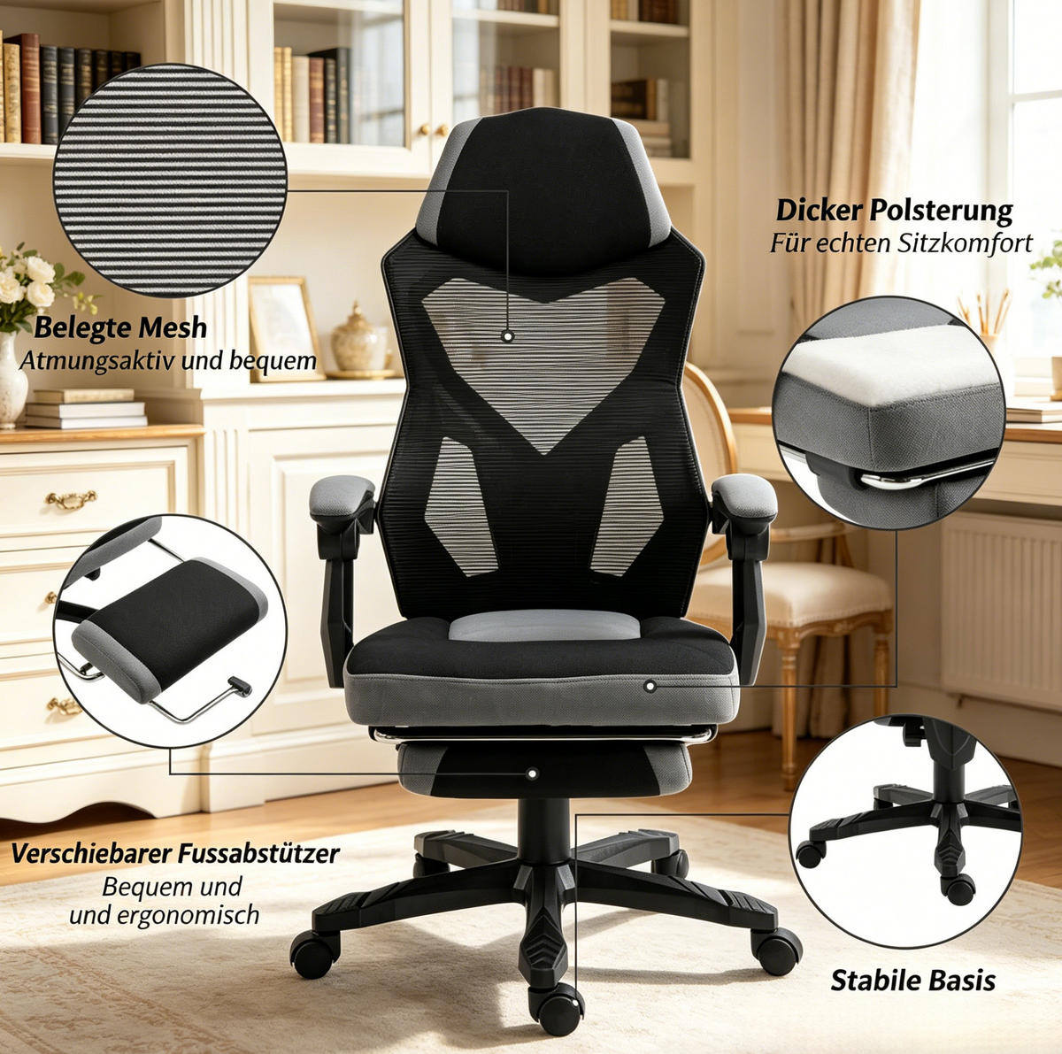 GAMING-BÜROSTUHL in Schwarz-Grau 63x58x122 cm mit verstellbarer Sitzhöhe und klappbarer Fußstütze - Schwarz, Kunststoff (58/122/63cm) - IVMEU