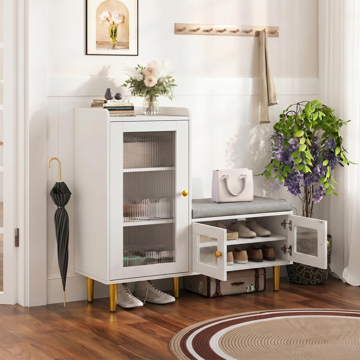 SCHUHKOMMODE Holzoptik Weiß mit Sitzbank und Glastüren, Garderobe für Flur - Weiß, Holz (100/90/35cm) - PARAFTA HOME