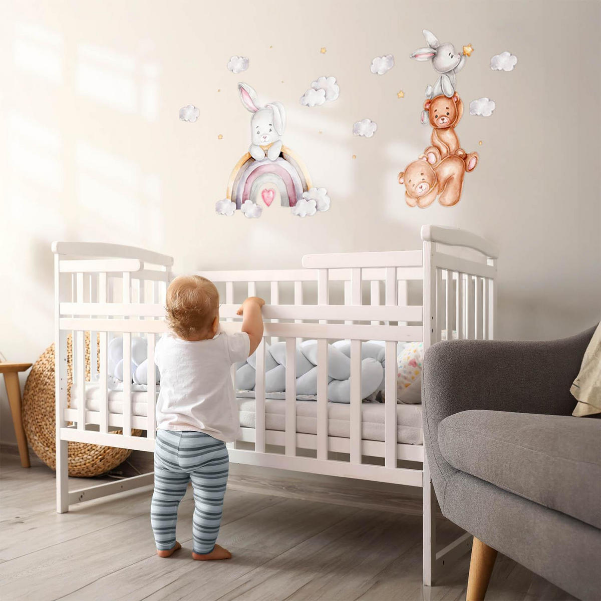 WANDAUFKLEBER 60x101cm - Hasen und Wolken - Multicolor, Kunststoff (60/101/0.1cm) - Wallfluent