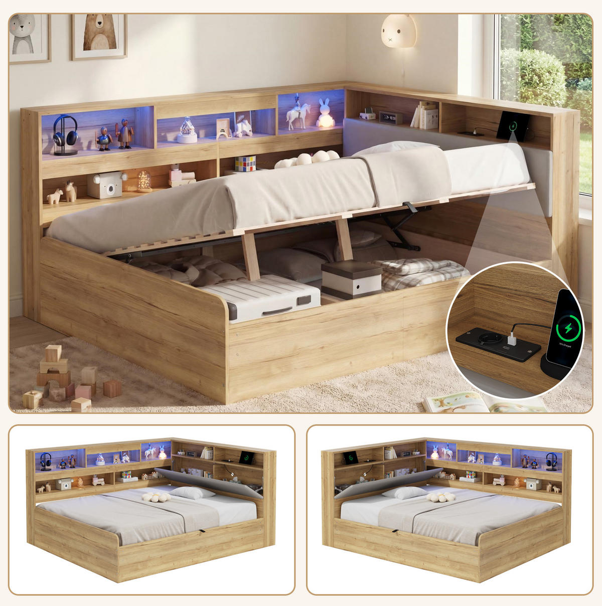 KINDERBETT 140/200 cm aus MDF mit hydraulischem Stauraum, LED-Beleuchtung und USB-Ladestation, Natur - Naturfarben, Holzwerkstoff (140/200cm) - Redom