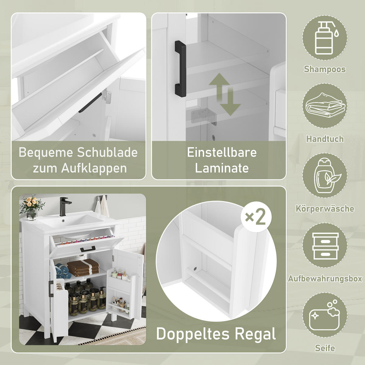 WASCHTISCHKOMBI Weiß freistehend mit Keramikbecken - Weiß, Keramik/Holzwerkstoff (60/84/46cm) - Urban Meuble