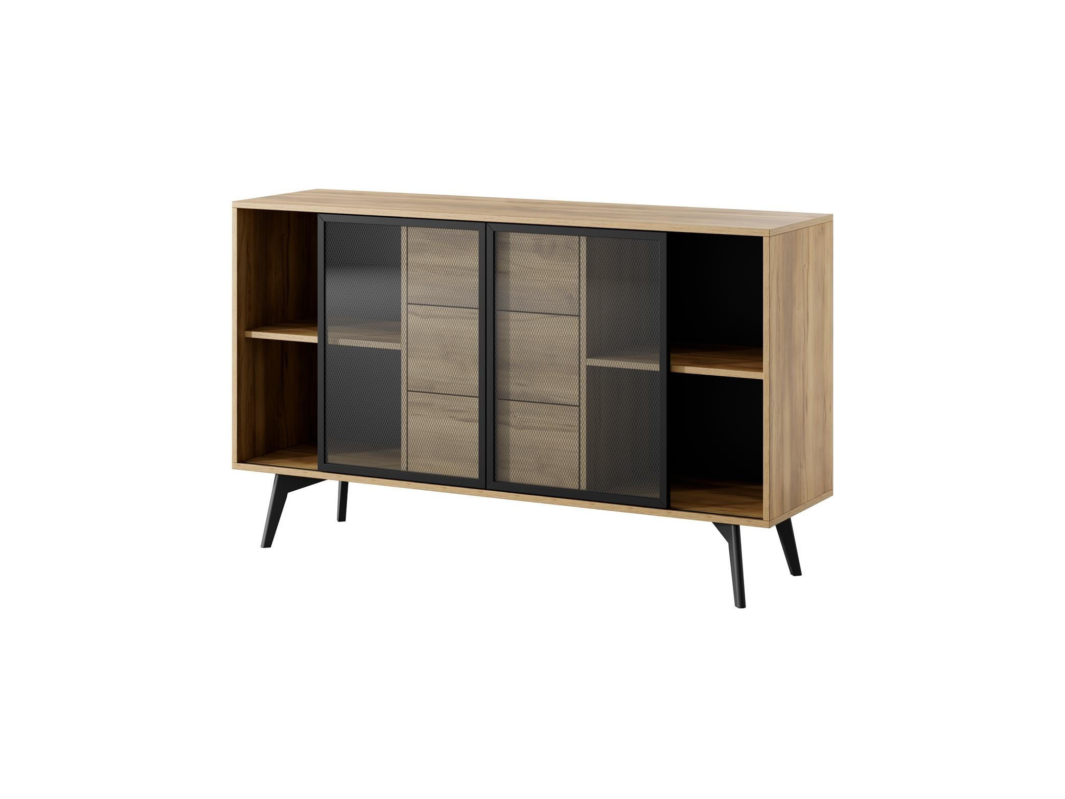KOMMODE Swift Golden Eiche, zweitürige Kommode mit Schubladen - Schwarz/Braun, Holzwerkstoff (144/85/39cm) - Bettso