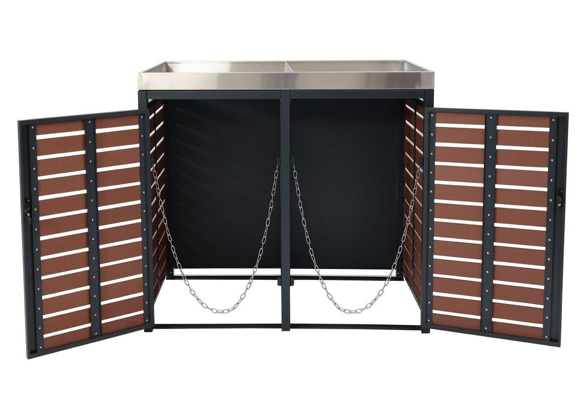 MÜLLTONNENBOX XL 2er-/4er mit Pflanzkasten HxBxT 124x146x102cm Walnuss-Holzoptik - Braun, Metall (146/124/102cm) - PROREGAL