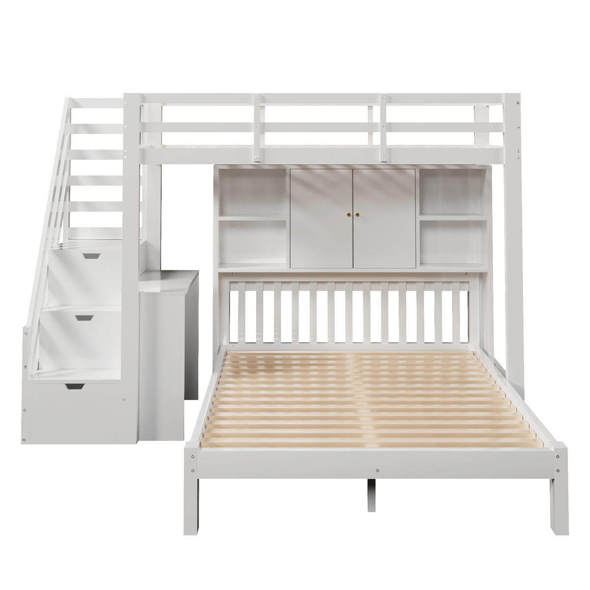POSCHODOVÁ posteľ 90/200 a 140/200 cm biela s úložnými schodmi a stolíkom z masívneho dreva a MDF - biela, drevo (90/200cm) - OKWISH