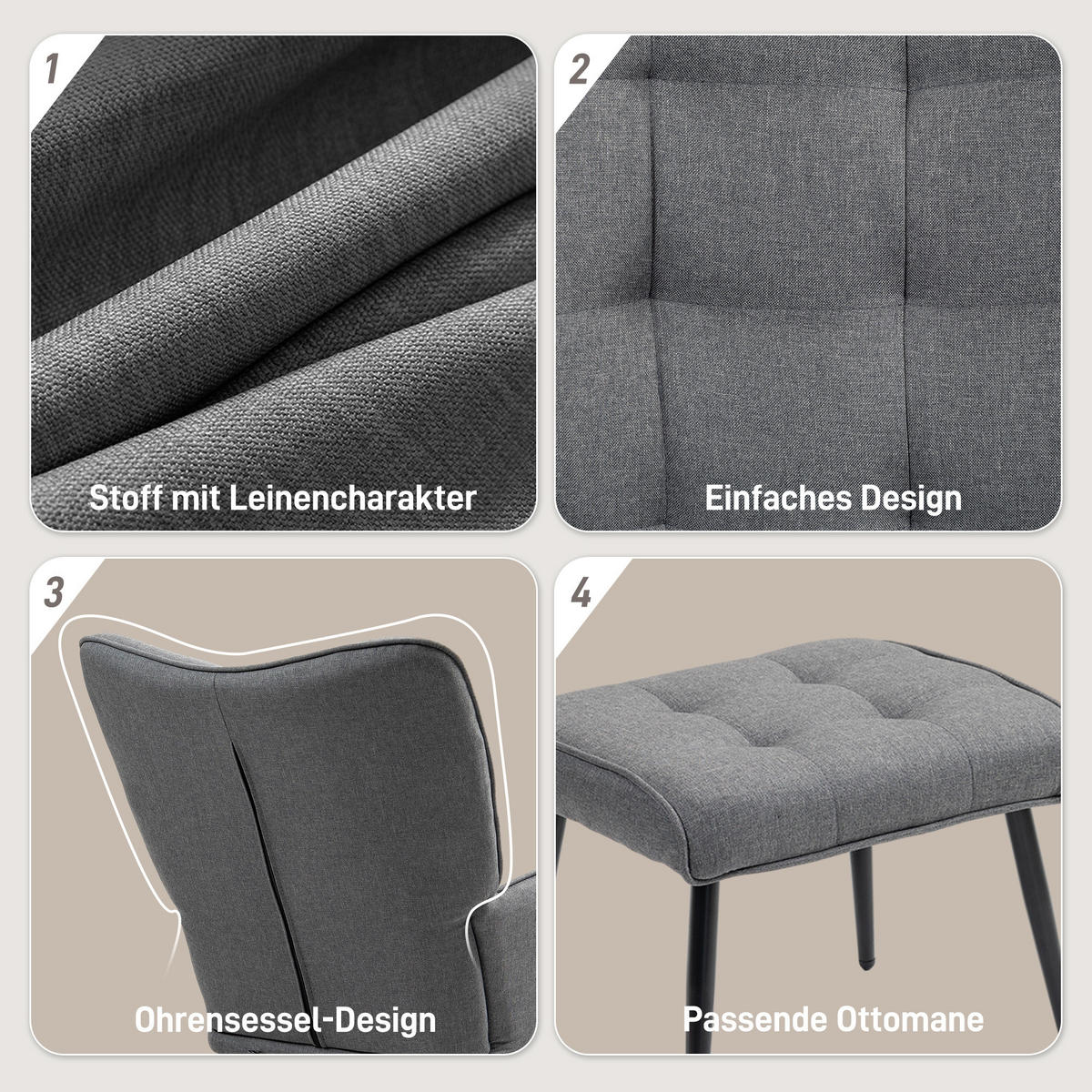 SCHAUKELSTUHL Dunkelgrau mit Hocker, Leinenoptik - Dunkelgrau, Textil (89/90/64cm) - Oxeza