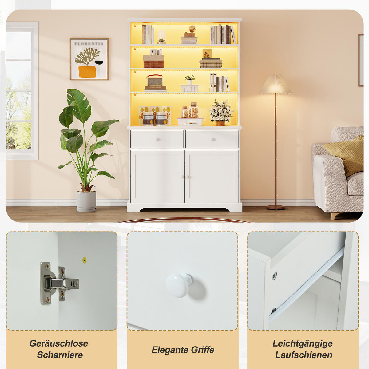 VITRINE weiß aus Spanplatte mit App-gesteuerter USB-LED 100 × 38 × 170 cm - Weiß, Holzwerkstoff (100/170/38cm) - Luhomfu
