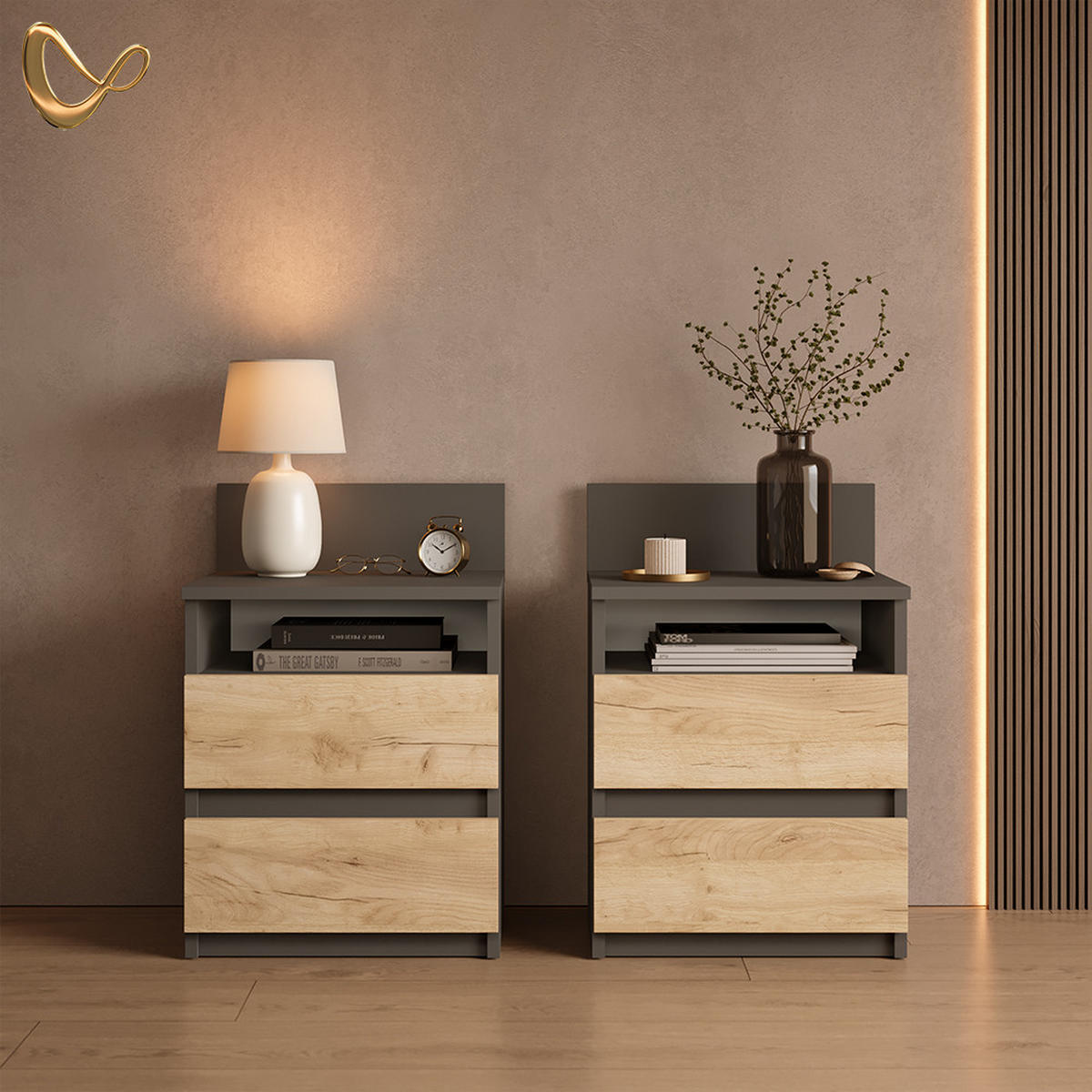 NACHTTISCH Roya, Anthrazit/Goldkraft Eiche, 2-teilig - Honigeiche/Anthrazit, Holzwerkstoff (39.6/59.1/32.3cm) - Livinity®