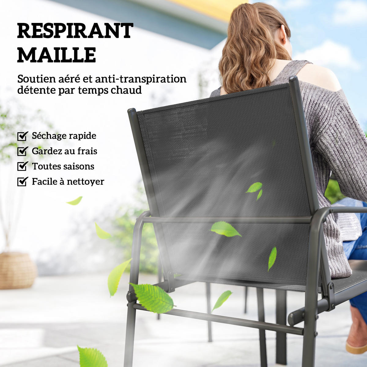 GARTENTISCHGRUPPE DE-18124 7-teilig, Holzoptik, Mesh-Bezug Schwarz - Schwarz, Metall - ComfortXL