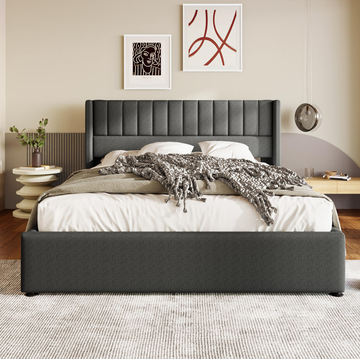 BETT mit Bettkasten 180x200 cm Leinen Grau - Grau, Metall (180/200cm) - Meubliv