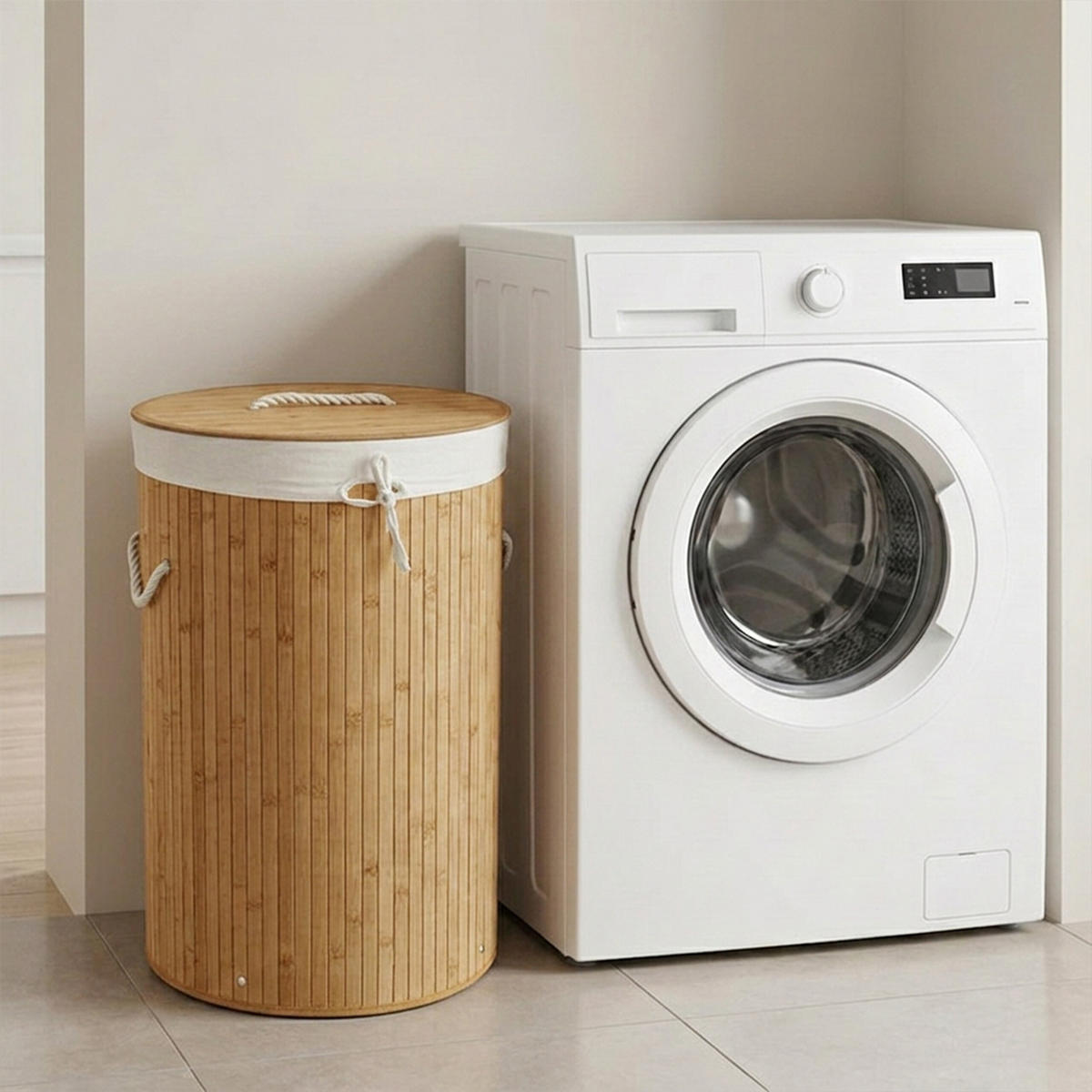 TVÄTTKORG natur bambu rund med lock hopfällbar 70 l - Ljusbrun, Trä/Textil (41/65/41cm) - Relaxdays